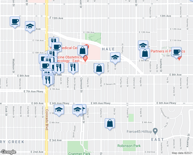 map of restaurants, bars, coffee shops, grocery stores, and more near 780 Dexter Street in Denver