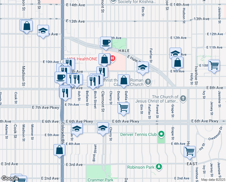 map of restaurants, bars, coffee shops, grocery stores, and more near 785 Cherry Street in Denver