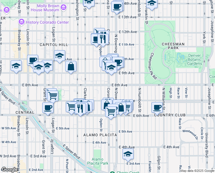 map of restaurants, bars, coffee shops, grocery stores, and more near 787 Corona Street in Denver