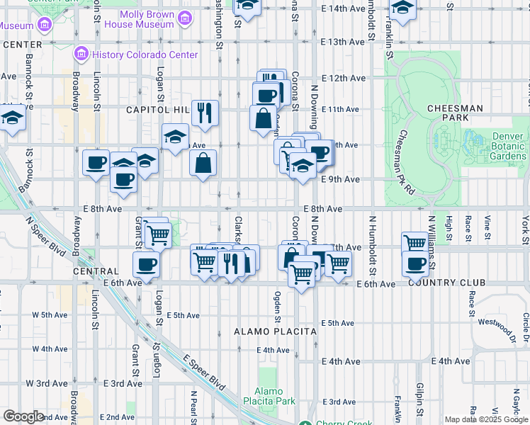 map of restaurants, bars, coffee shops, grocery stores, and more near 900 East 8th Avenue in Denver