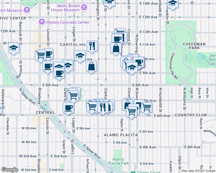 map of restaurants, bars, coffee shops, grocery stores, and more near 790 North Clarkson street in Denver