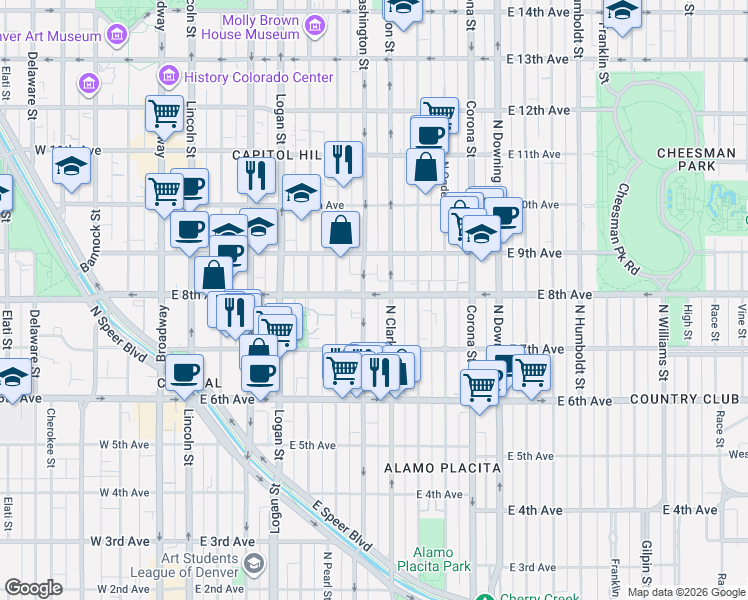 map of restaurants, bars, coffee shops, grocery stores, and more near in Denver