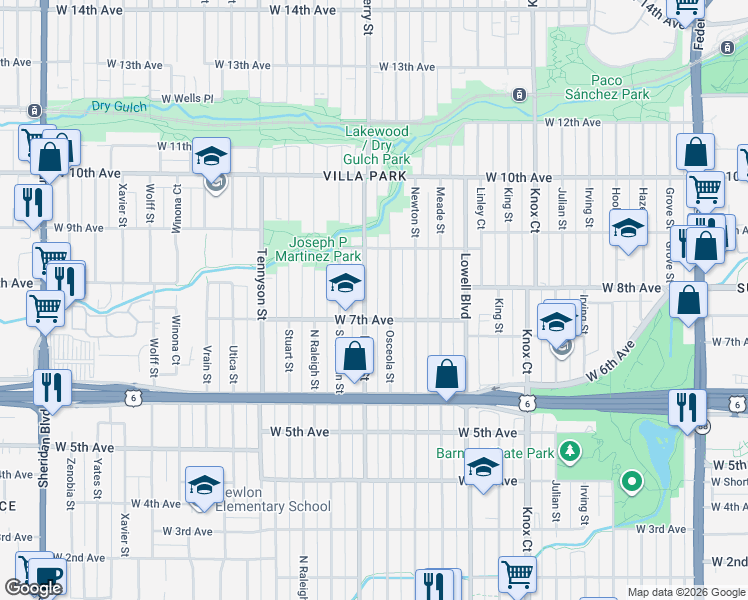 map of restaurants, bars, coffee shops, grocery stores, and more near 734 Perry Street in Denver