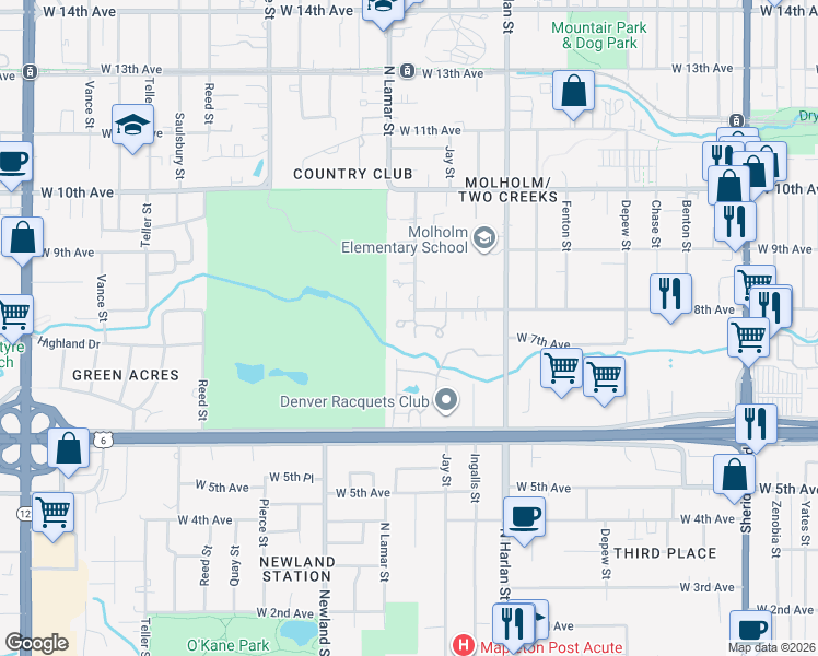map of restaurants, bars, coffee shops, grocery stores, and more near 645 Kendall Way in Lakewood