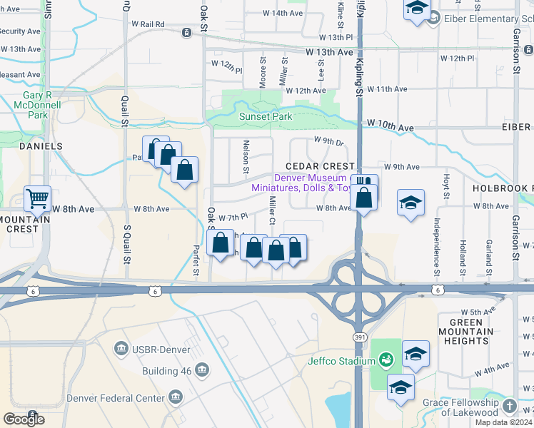 map of restaurants, bars, coffee shops, grocery stores, and more near 740 Moore Street in Lakewood