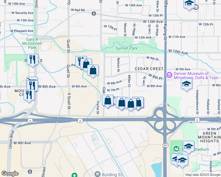 map of restaurants, bars, coffee shops, grocery stores, and more near 10645 West 7th Place in Lakewood