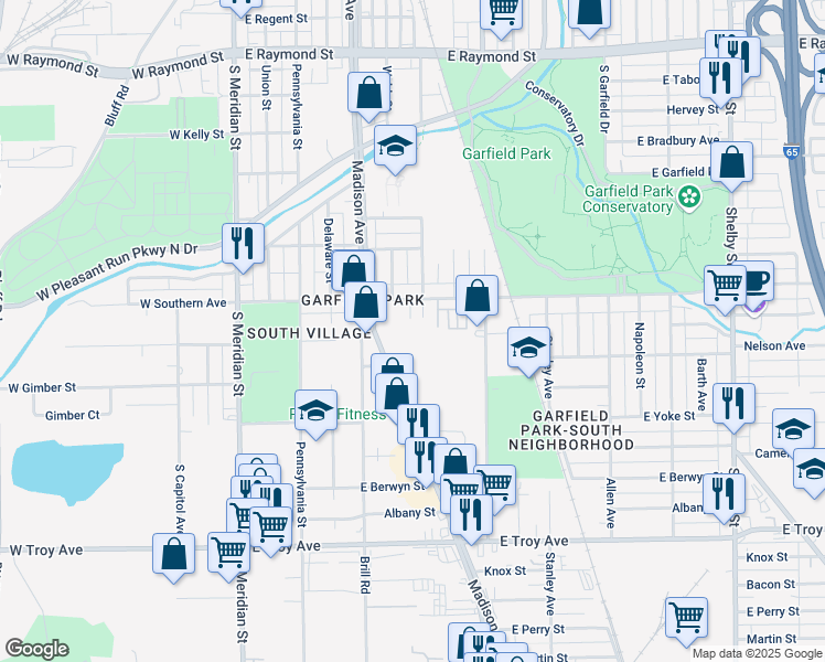map of restaurants, bars, coffee shops, grocery stores, and more near 2635 Madison Avenue in Indianapolis