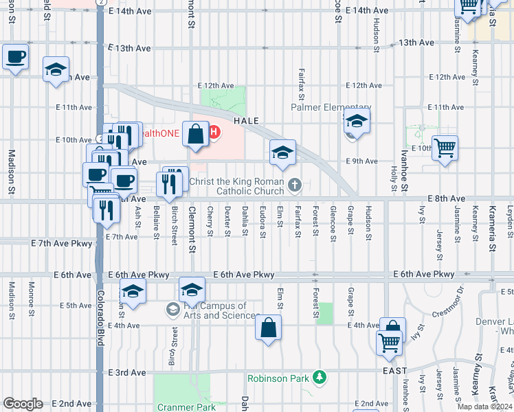 map of restaurants, bars, coffee shops, grocery stores, and more near 775 Eudora Street in Denver