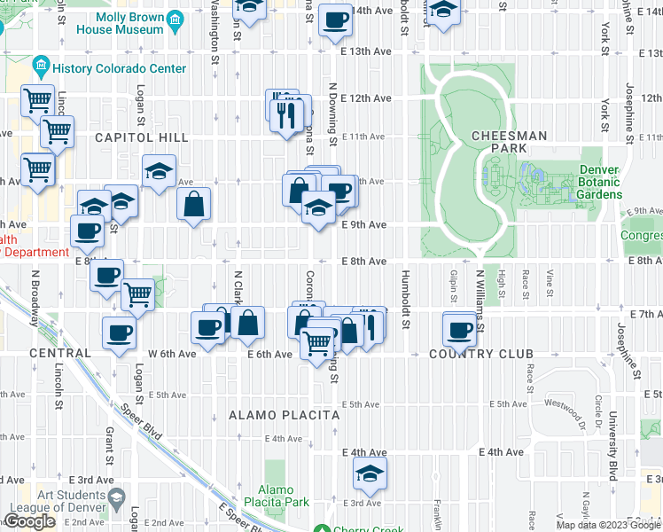 map of restaurants, bars, coffee shops, grocery stores, and more near 1196 East 8th Avenue in Denver