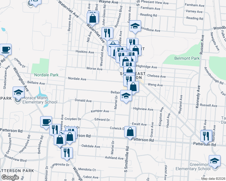 map of restaurants, bars, coffee shops, grocery stores, and more near 915 Bellaire Avenue in Dayton
