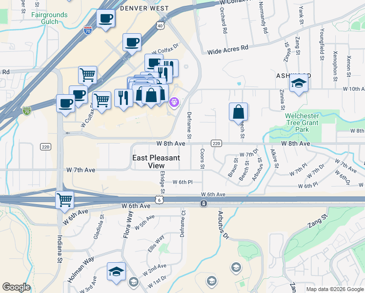 map of restaurants, bars, coffee shops, grocery stores, and more near 13880 West 8th Avenue in Golden