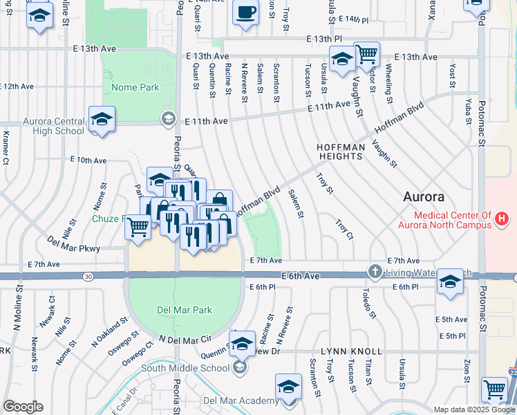 map of restaurants, bars, coffee shops, grocery stores, and more near 12600 Hoffman Boulevard in Aurora
