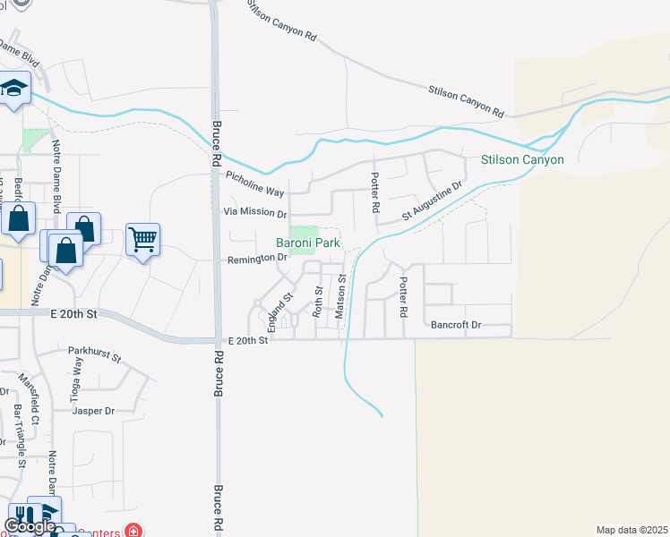 map of restaurants, bars, coffee shops, grocery stores, and more near 2509 England Street in Chico