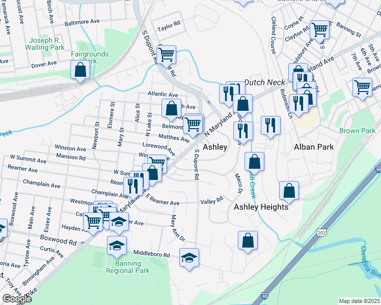 map of restaurants, bars, coffee shops, grocery stores, and more near 110 North Maryland Avenue in Wilmington