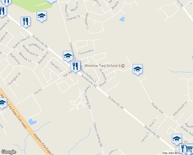 map of restaurants, bars, coffee shops, grocery stores, and more near 16 Hidden Hollow Lane in Sicklerville