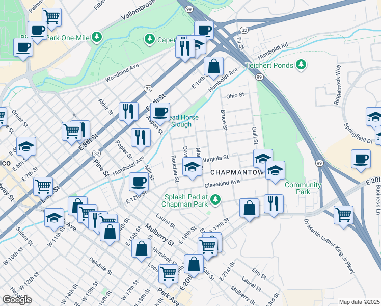 map of restaurants, bars, coffee shops, grocery stores, and more near 1357 Davis Street in Chico