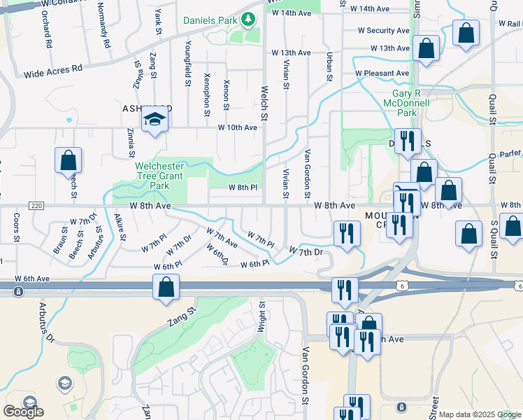 map of restaurants, bars, coffee shops, grocery stores, and more near 794 Welch Court in Golden