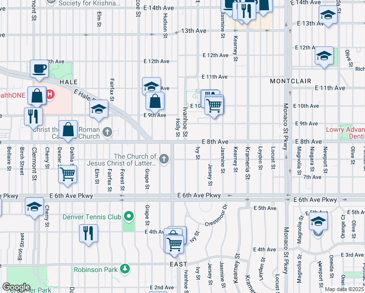 map of restaurants, bars, coffee shops, grocery stores, and more near 787 Ivanhoe Street in Denver