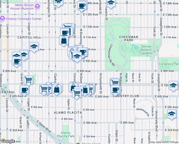 map of restaurants, bars, coffee shops, grocery stores, and more near 790 North Marion Street in Denver