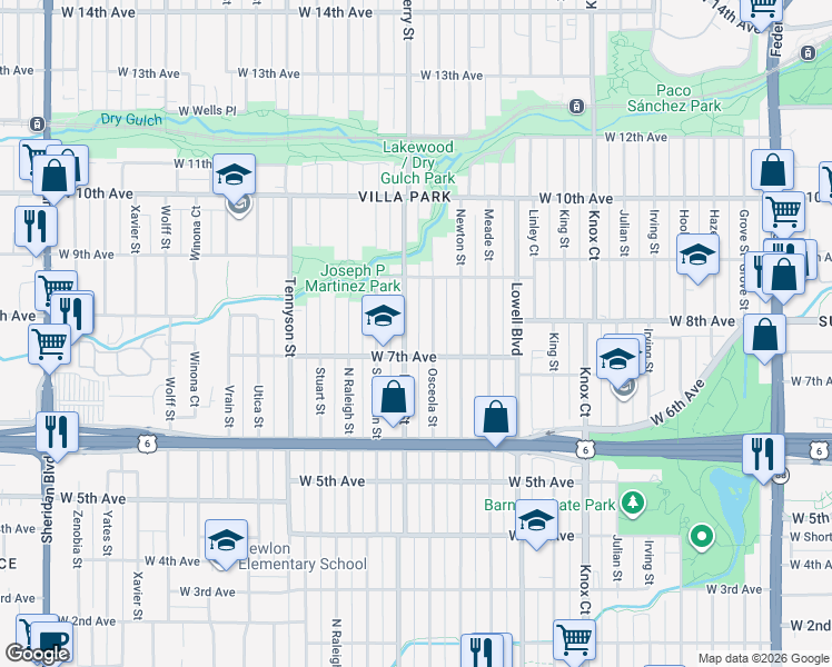 map of restaurants, bars, coffee shops, grocery stores, and more near 734 Perry Street in Denver