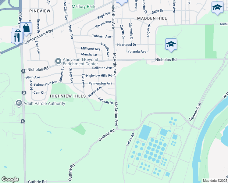 map of restaurants, bars, coffee shops, grocery stores, and more near 1723 McArthur Avenue in Dayton