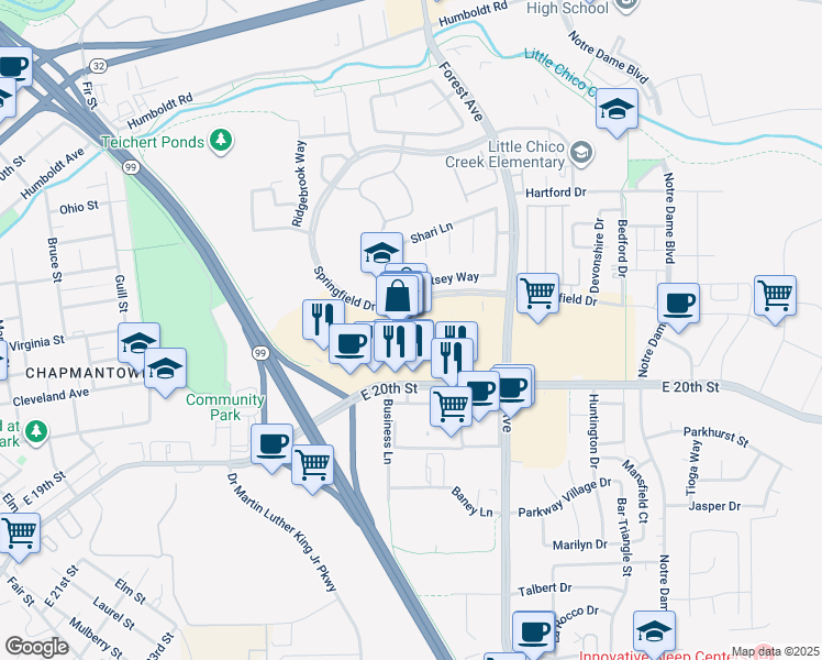 map of restaurants, bars, coffee shops, grocery stores, and more near 1950 East 20th Street in Chico