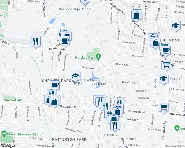 map of restaurants, bars, coffee shops, grocery stores, and more near 305 Bellaire Avenue in Dayton