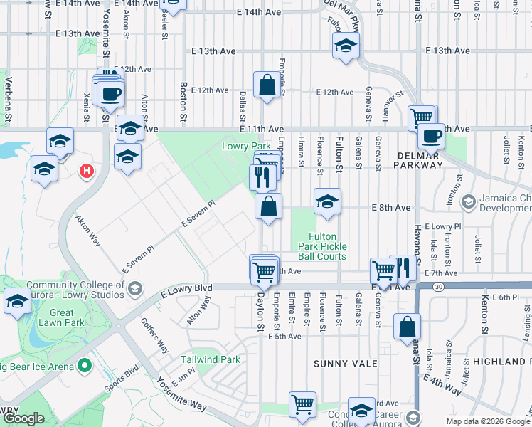 map of restaurants, bars, coffee shops, grocery stores, and more near 798 Dayton Street in Aurora
