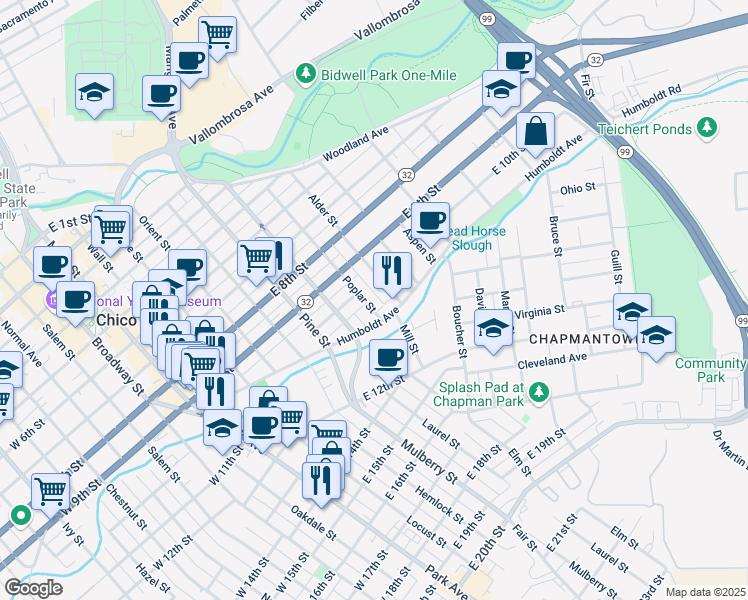 map of restaurants, bars, coffee shops, grocery stores, and more near 1045 Poplar Street in Chico