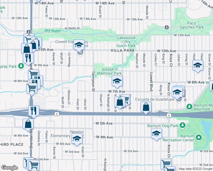 map of restaurants, bars, coffee shops, grocery stores, and more near 735 Raleigh Street in Denver