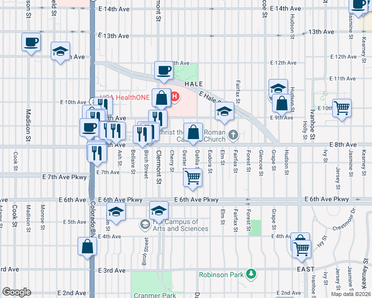 map of restaurants, bars, coffee shops, grocery stores, and more near 780 Dexter Street in Denver