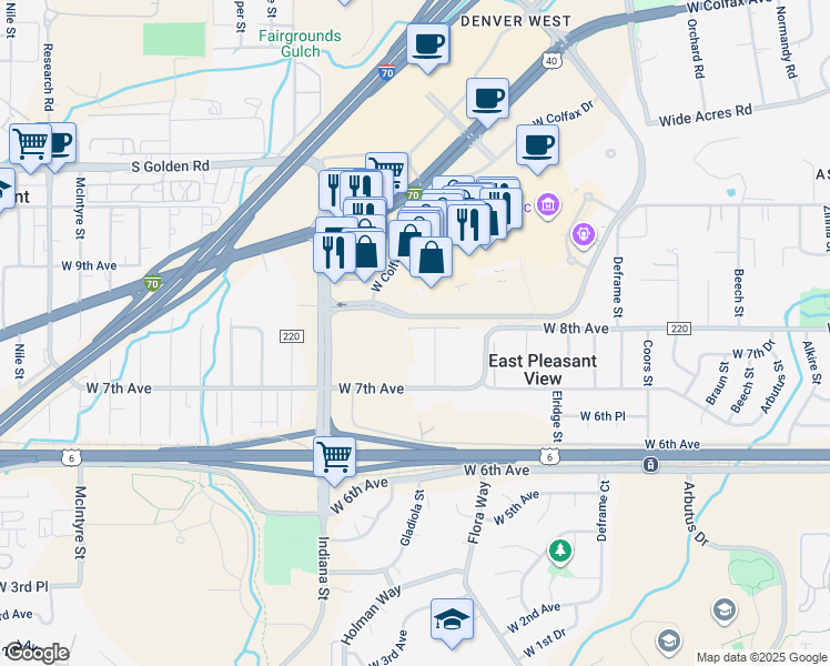 map of restaurants, bars, coffee shops, grocery stores, and more near 14490 West 8th Avenue in Lakewood