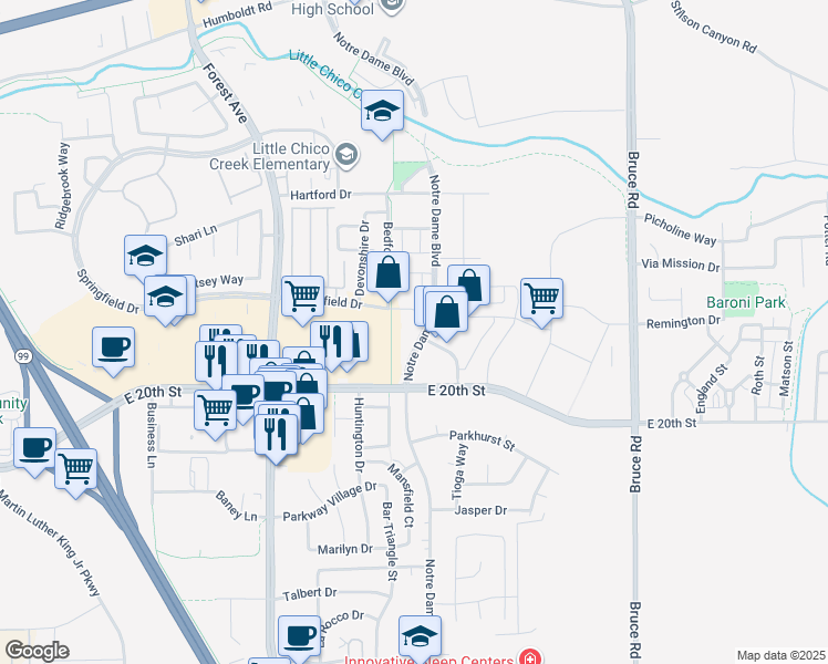 map of restaurants, bars, coffee shops, grocery stores, and more near 1910 Notre Dame Boulevard in Chico