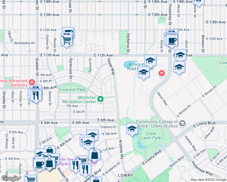 map of restaurants, bars, coffee shops, grocery stores, and more near 823 Uinta Way in Denver