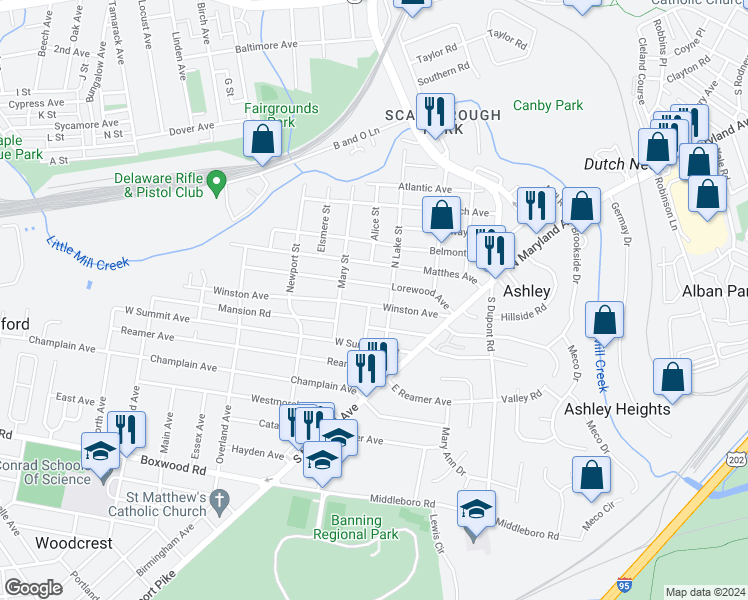 map of restaurants, bars, coffee shops, grocery stores, and more near 105 Winston Avenue in Wilmington