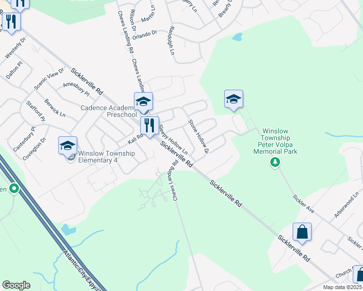 map of restaurants, bars, coffee shops, grocery stores, and more near 35 Sleepy Hollow Lane in Sicklerville