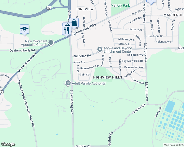 map of restaurants, bars, coffee shops, grocery stores, and more near 1714 Dayoh Place in Dayton