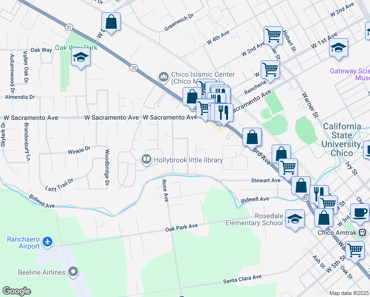 map of restaurants, bars, coffee shops, grocery stores, and more near 717 Bidwell Drive in Chico