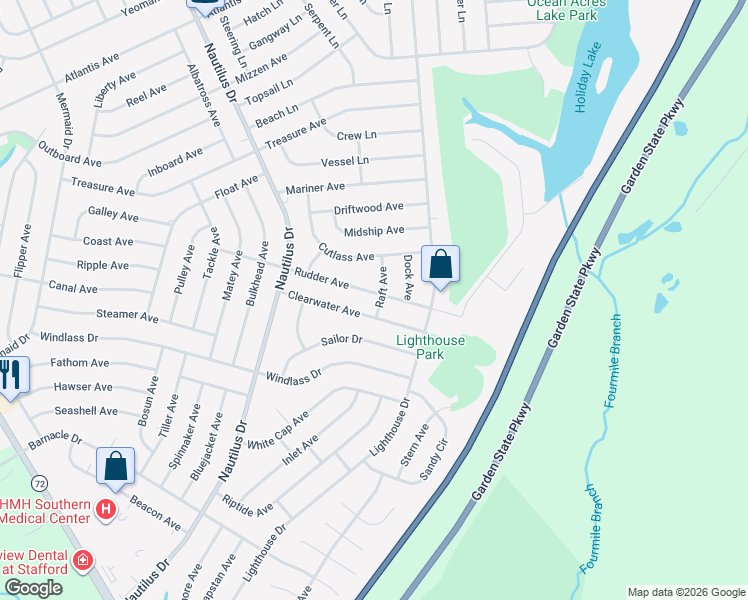 map of restaurants, bars, coffee shops, grocery stores, and more near 258 Raft Avenue in Stafford Township