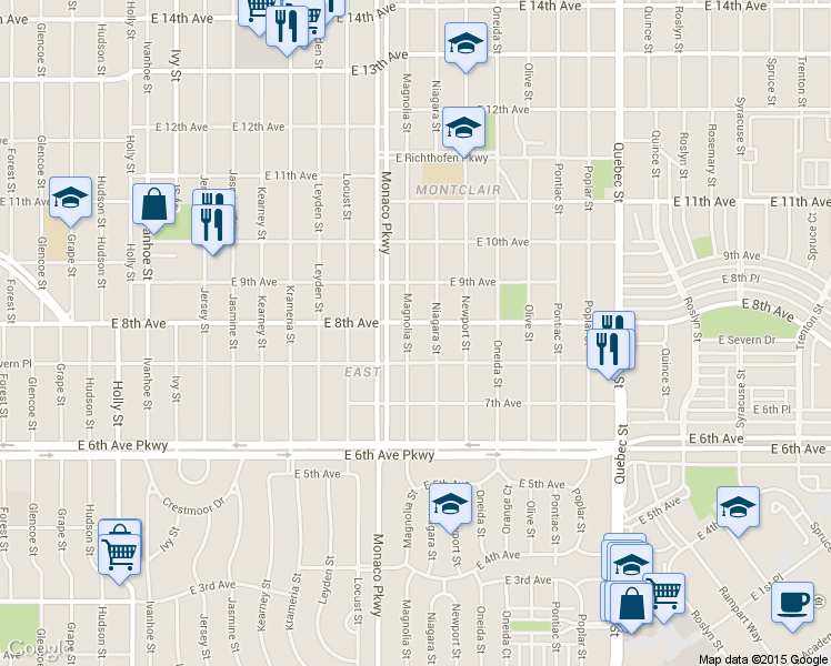 map of restaurants, bars, coffee shops, grocery stores, and more near 790 Magnolia Street in Denver
