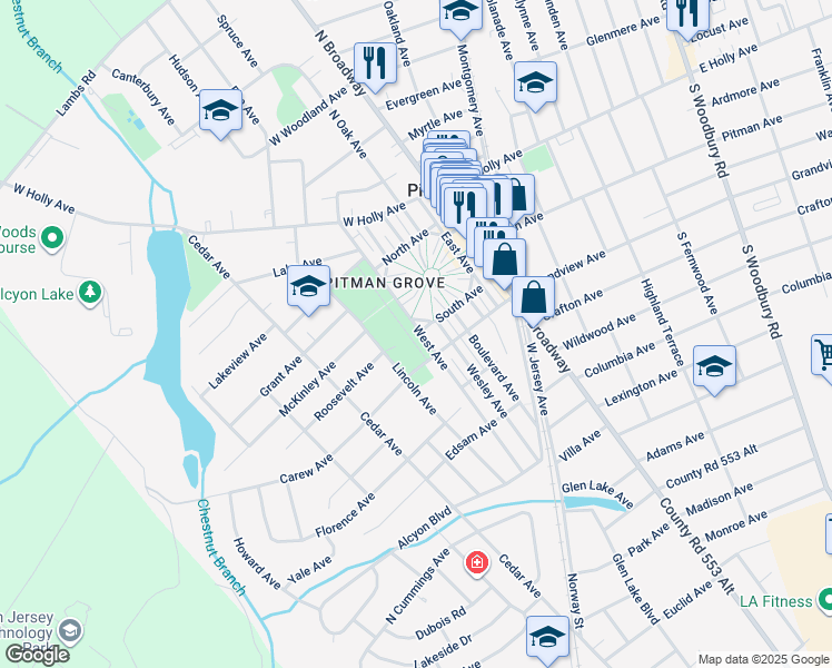map of restaurants, bars, coffee shops, grocery stores, and more near 198 West Avenue in Pitman