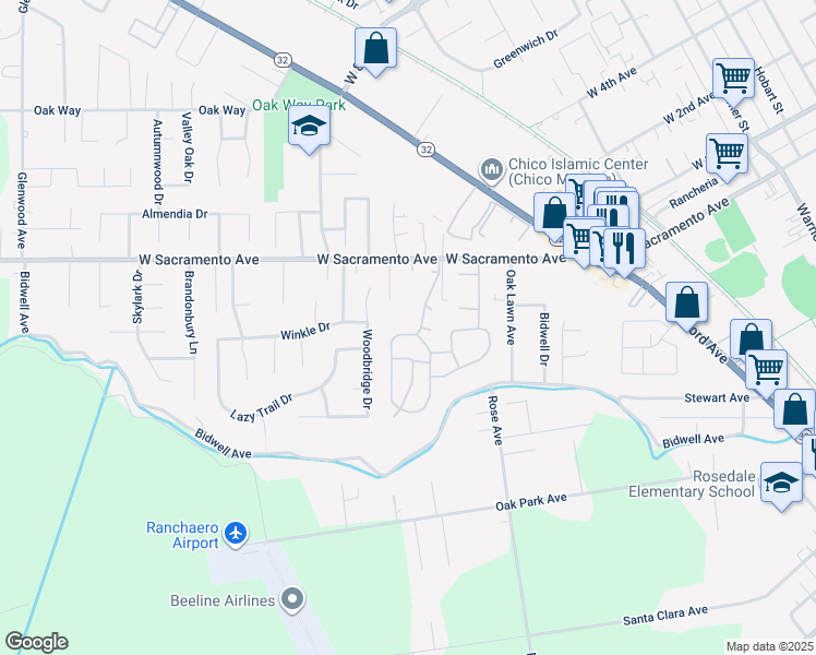 map of restaurants, bars, coffee shops, grocery stores, and more near 791 Victorian Park Drive in Chico