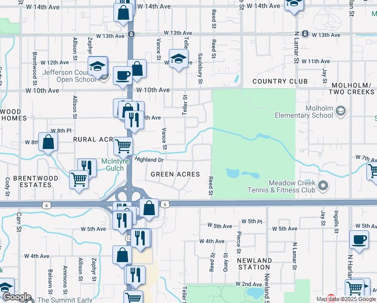 map of restaurants, bars, coffee shops, grocery stores, and more near 815 Crescent Lane in Lakewood