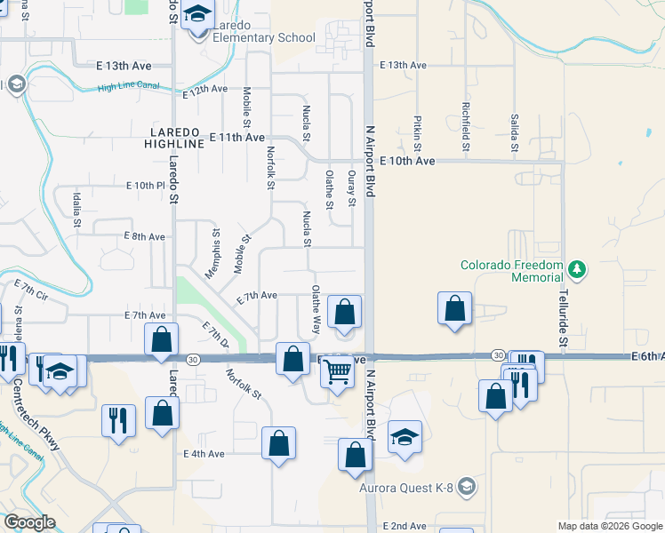 map of restaurants, bars, coffee shops, grocery stores, and more near 16765 East 7th Place in Aurora