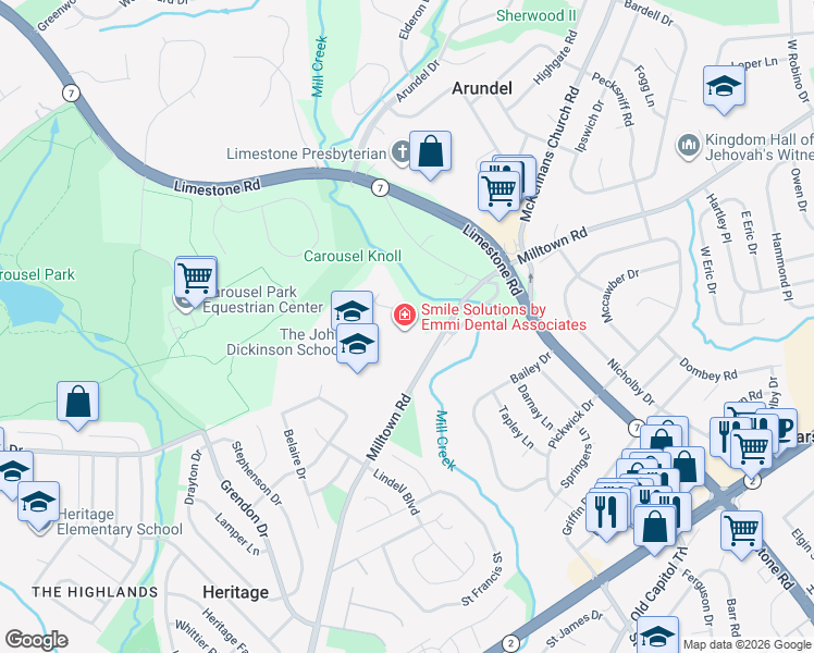 map of restaurants, bars, coffee shops, grocery stores, and more near 1601 Milltown Road in Wilmington