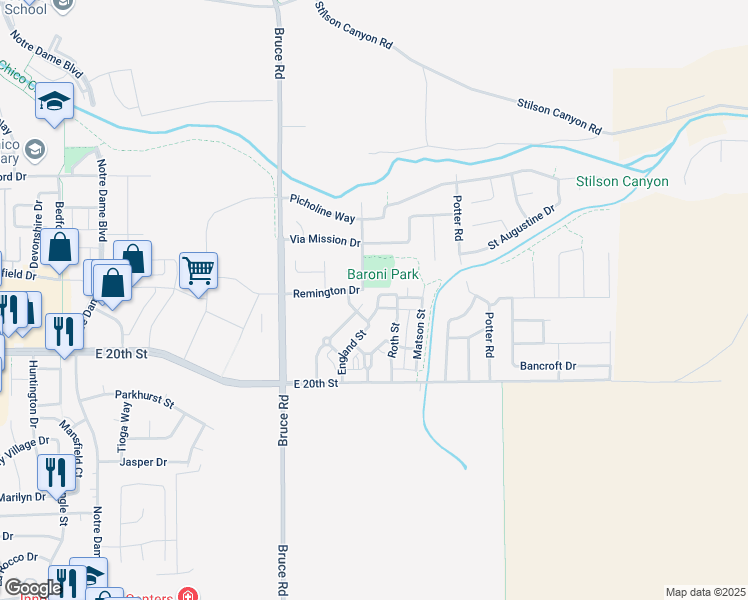 map of restaurants, bars, coffee shops, grocery stores, and more near 2464 England Street in Chico