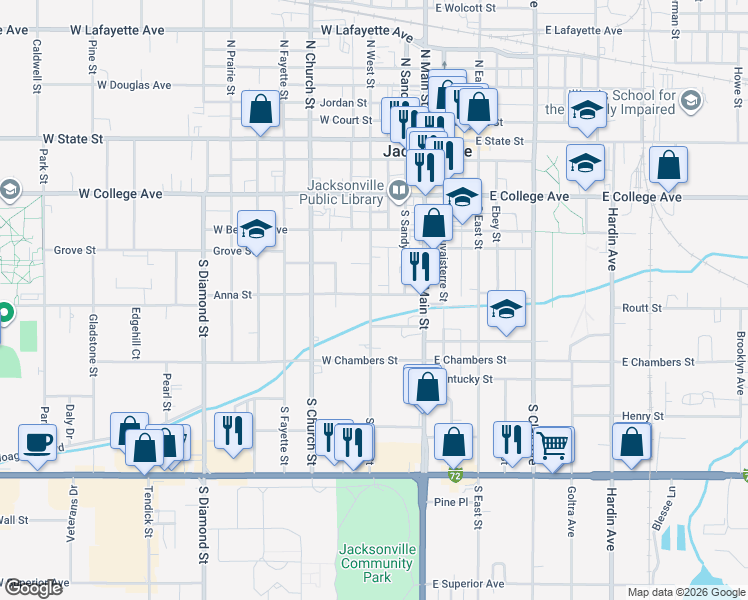 map of restaurants, bars, coffee shops, grocery stores, and more near 249 Anna Street in Jacksonville