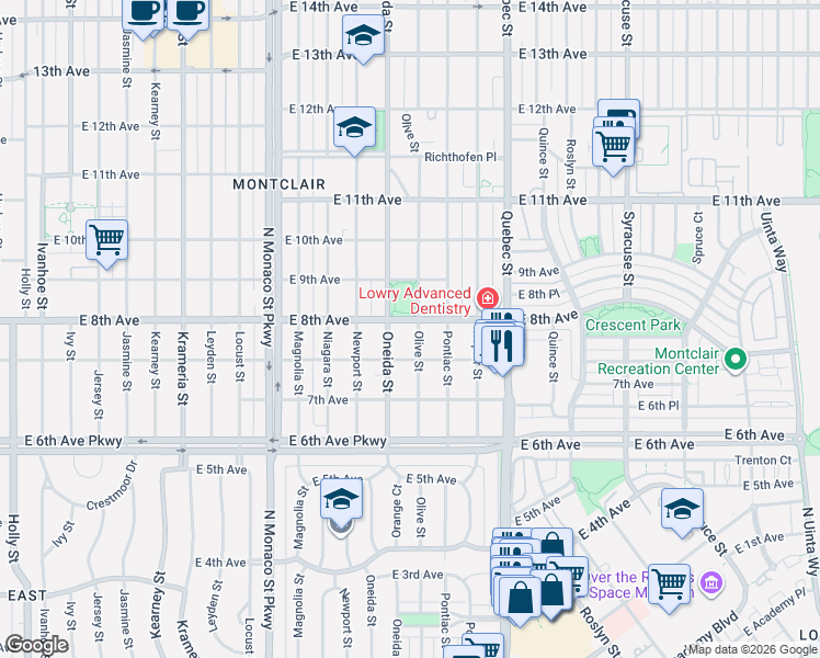 map of restaurants, bars, coffee shops, grocery stores, and more near 787 Olive Street in Denver