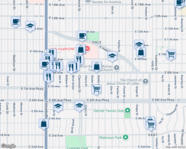 map of restaurants, bars, coffee shops, grocery stores, and more near 780 Dexter Street in Denver