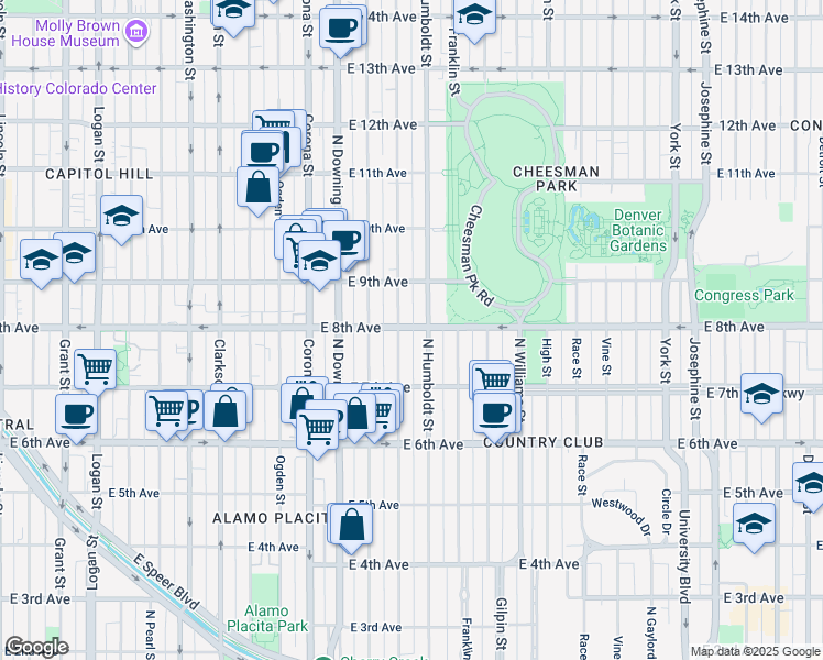 map of restaurants, bars, coffee shops, grocery stores, and more near 1426 East 8th Avenue in Denver